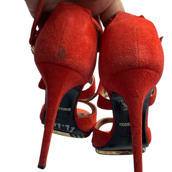 Roberto Cavalli Red/Orange Suede Stiletto Heels Gold Snake Head Italy Size 7 - Picture 10 of 11